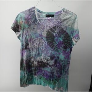 Appropriate Behavior Womens Turquoise Purple Tie Dye Paisley V-Neck Large L/G